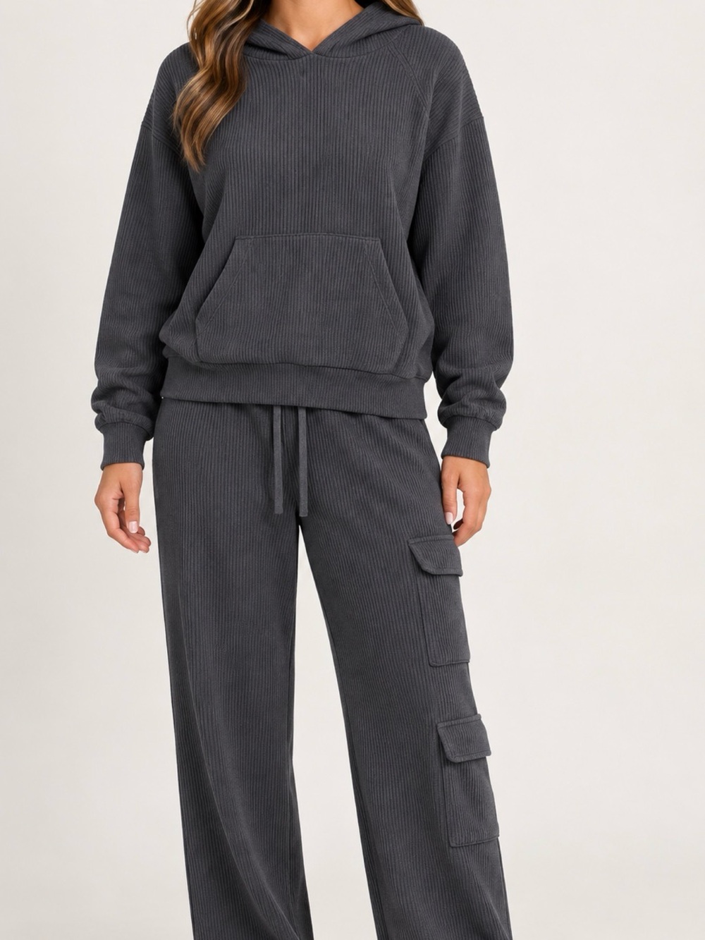 Edikted winter gray ribbed knit hoodie, and cargo pants matching set, size mediu